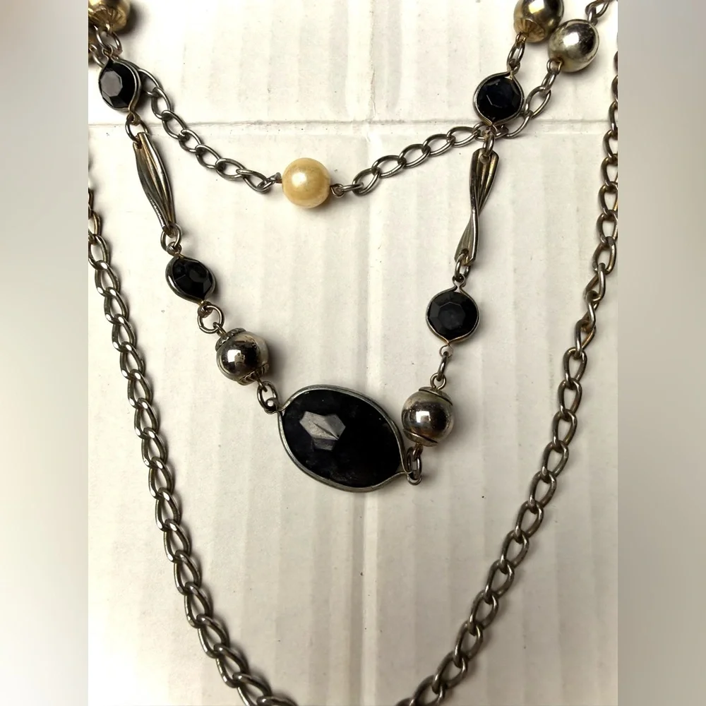Multi Strand Chain Faux Pearl Black Stones Necklace Tiered Silver‎ Tone